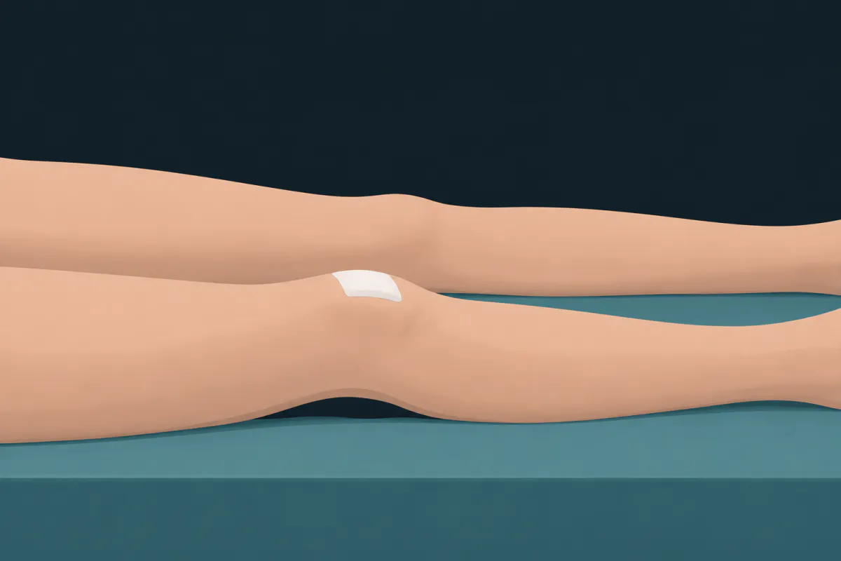 Two legs lying on a bed: one flat on the mattress, the other with a small gap between the back of the knee and the mattress.