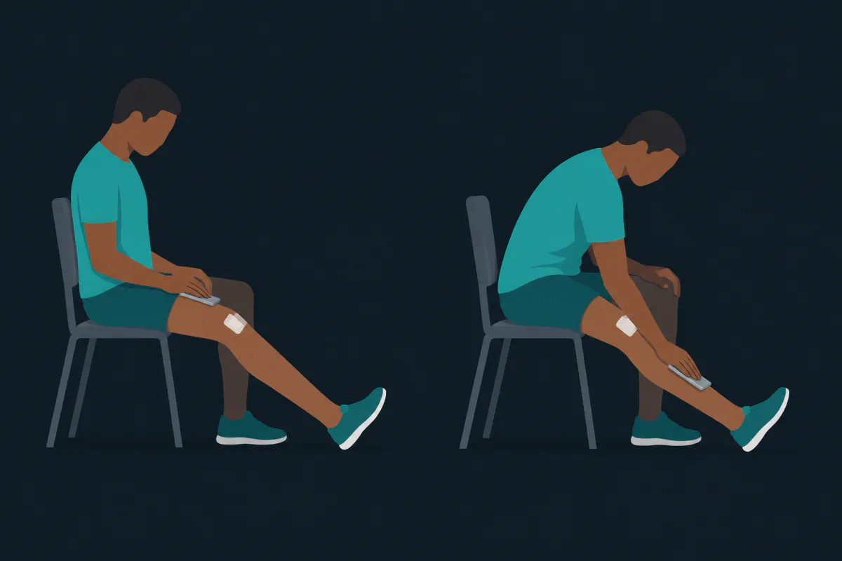 The same person shown twice sitting on a chair with one leg stretched out straight and the heel on the floor: first holding a phone flat on top of the thigh, then leaning forward to hold it flat on top of the shin.