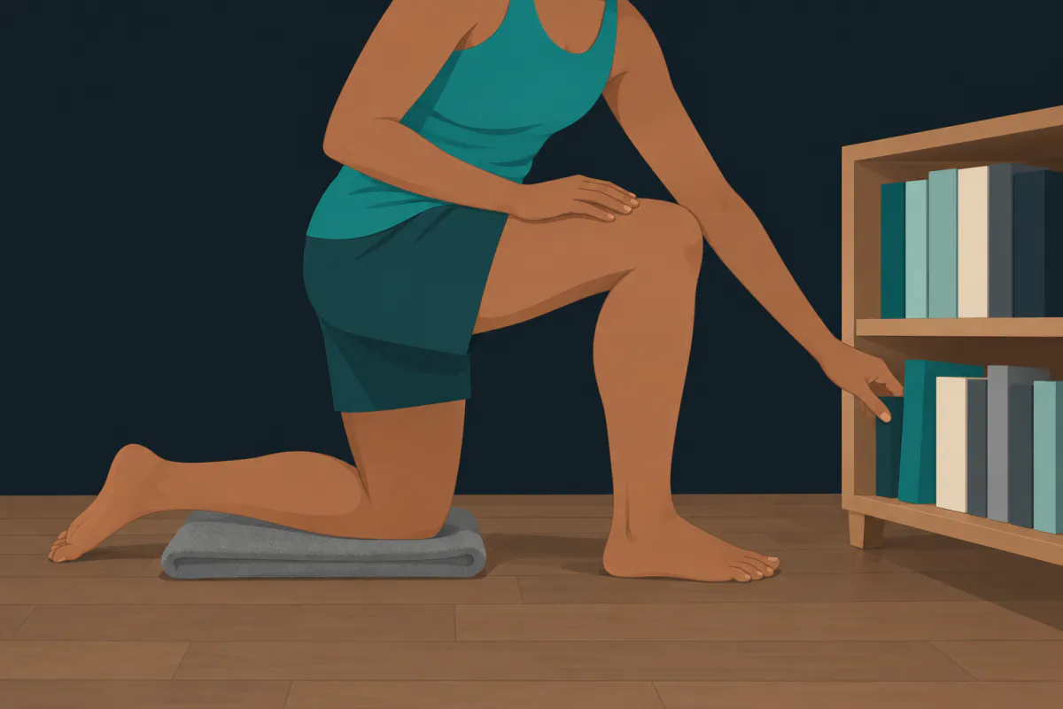 A person kneeling on one knee on a folded towel beside a low bookshelf, the other foot flat on the floor.