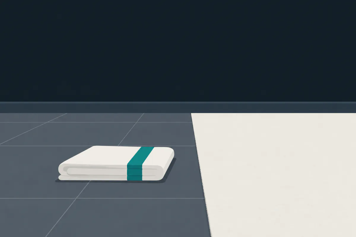 A hard tiled floor meeting the straight edge of a soft carpet, with a folded towel lying on the tiles.