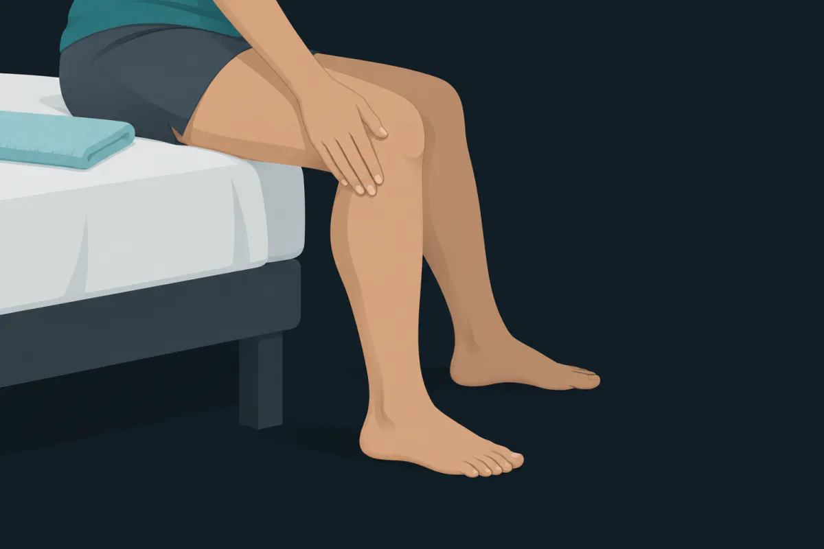 A seated person resting their fingertips lightly on the skin just below the kneecap of a bent leg.