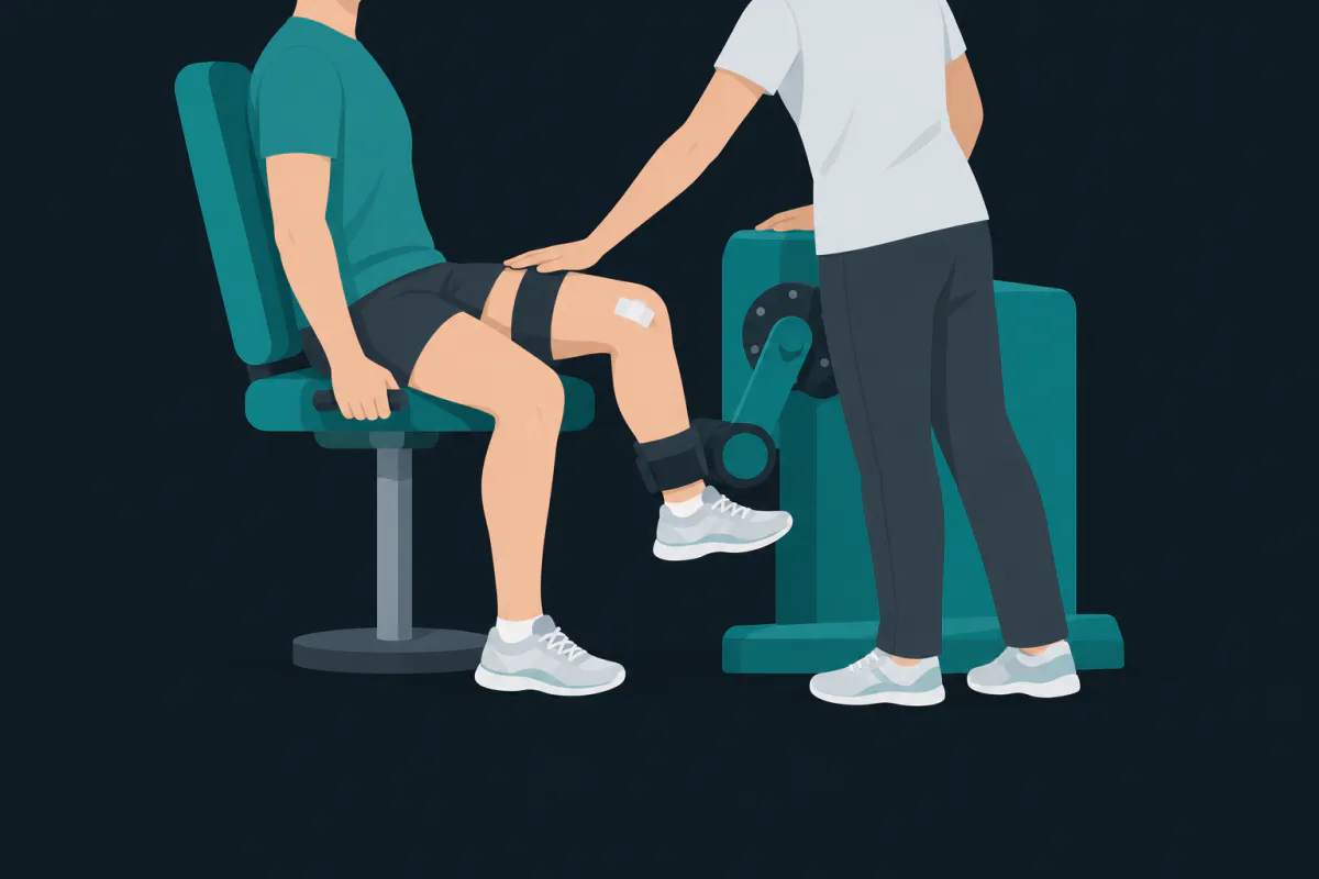 A person seated in a testing chair with a strap across the thigh and the shin pressing against the padded lever arm of a strength-testing machine, a physiotherapist standing beside it.