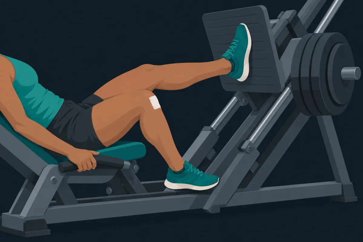 A person on a leg press machine pressing with one leg while the other, with a small dressing on the knee, rests bent with its foot off the footplate.
