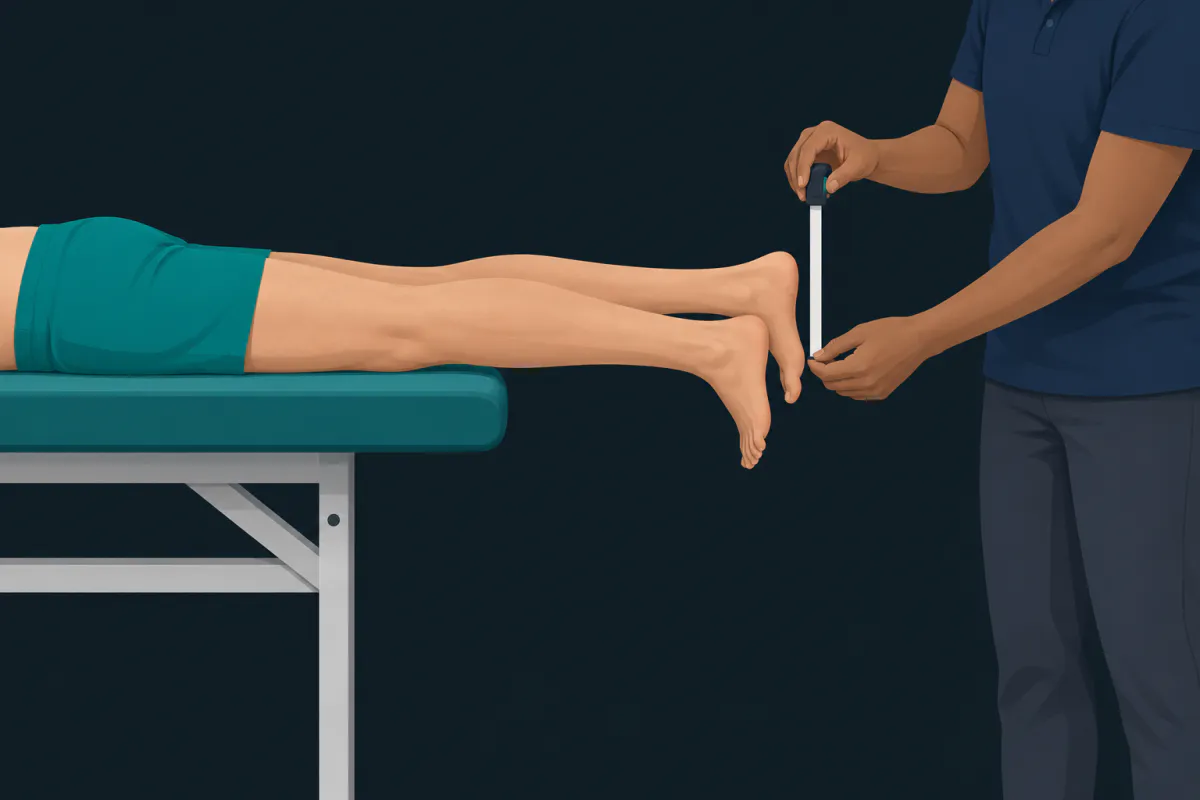 A patient lying face down with both legs hanging free off the end of a treatment table while a physiotherapist holds a tape measure in the gap between the two heels.