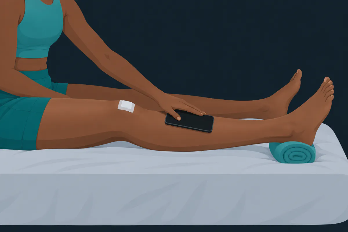 A person sitting on a bed with one leg straight and the heel on a rolled towel, holding a smartphone flat against the bare shin along the shin bone.