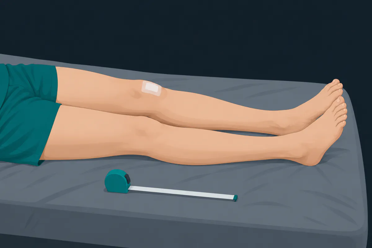 Both legs lying straight side by side on a bed, one knee with a small dressing resting slightly higher off the mattress than the other.