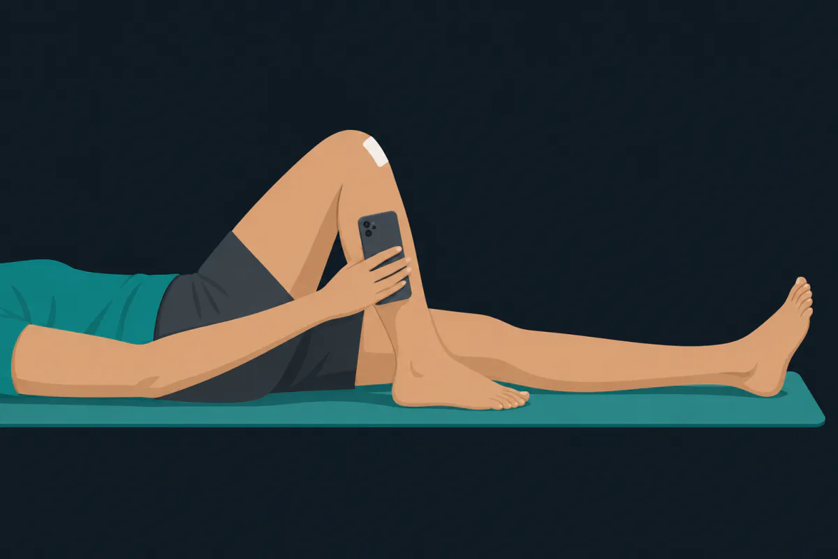 A person lying on a mat with one knee bent, holding a smartphone flat against the front of the bare shin.