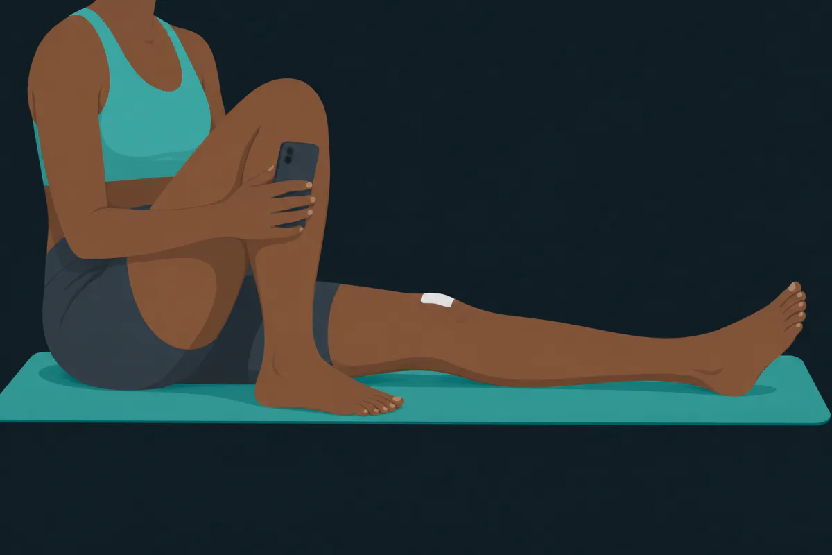 A person sitting on a mat measuring the fully bent healthy leg with a smartphone held against its shin, the operated leg straight beside it.