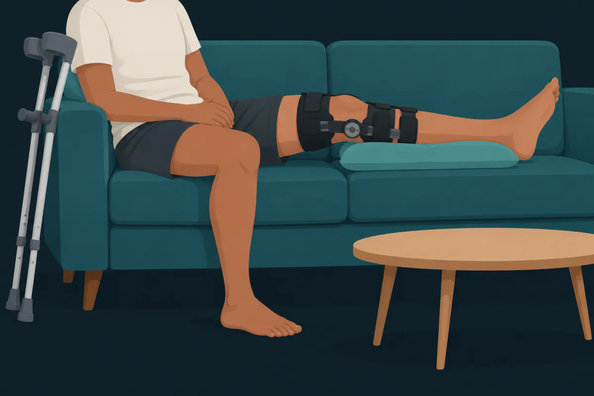 A person on a sofa with the operated leg resting along the cushions in a hinged knee brace, a pair of crutches leaning against the sofa's arm.