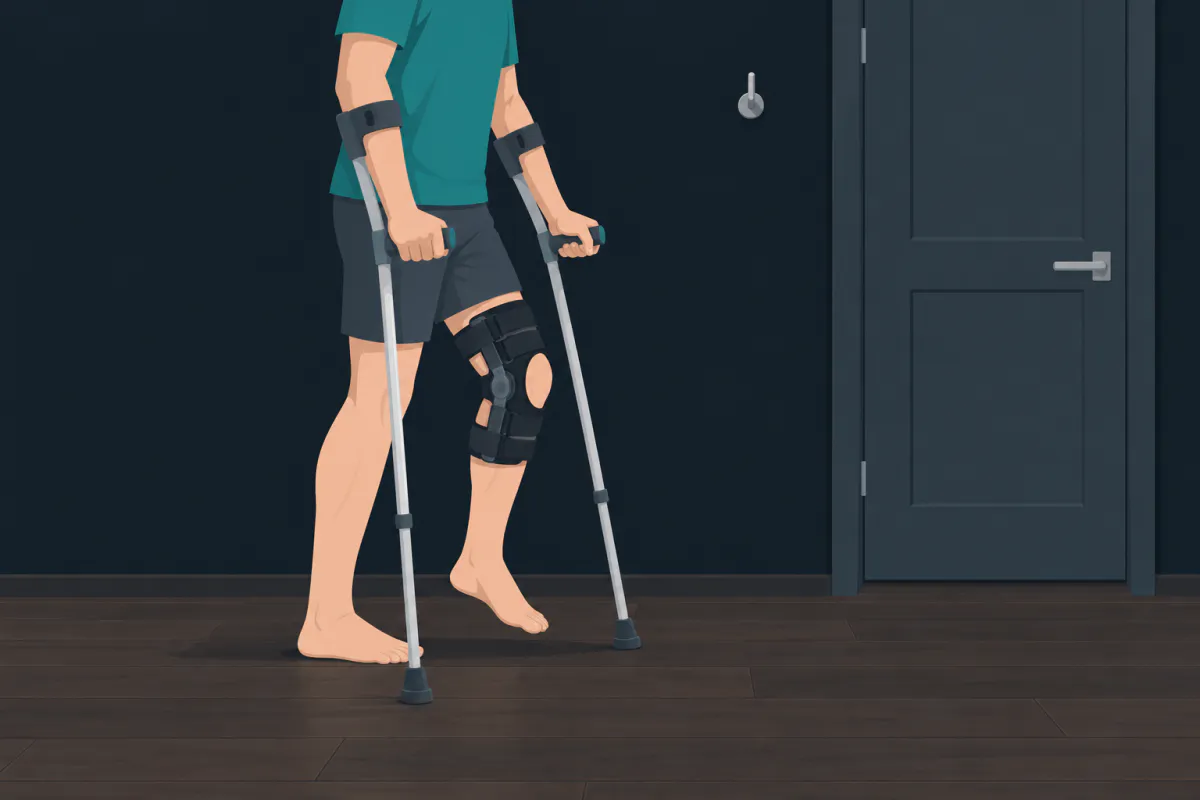 A person standing in a hallway on two crutches, the operated leg in a hinged knee brace with its foot held just off the floor.