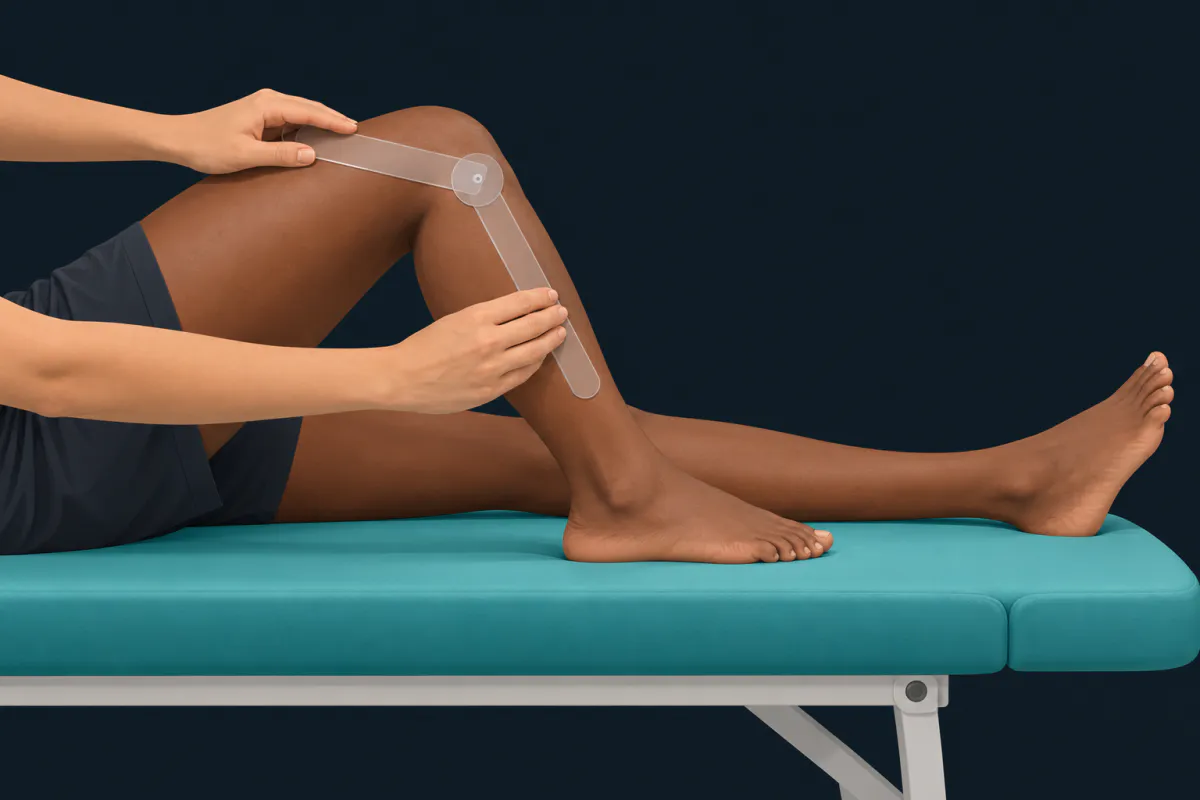 A person lying on a treatment table with one knee bent to about a right angle while a physiotherapist holds a goniometer against it.