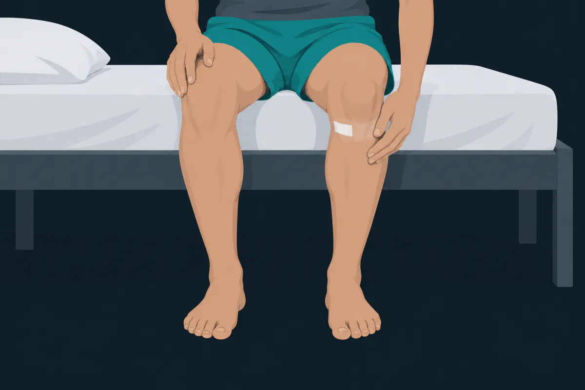 A seated person lightly touching the skin on the outer side of the upper shin, just below a knee with a small dressing.