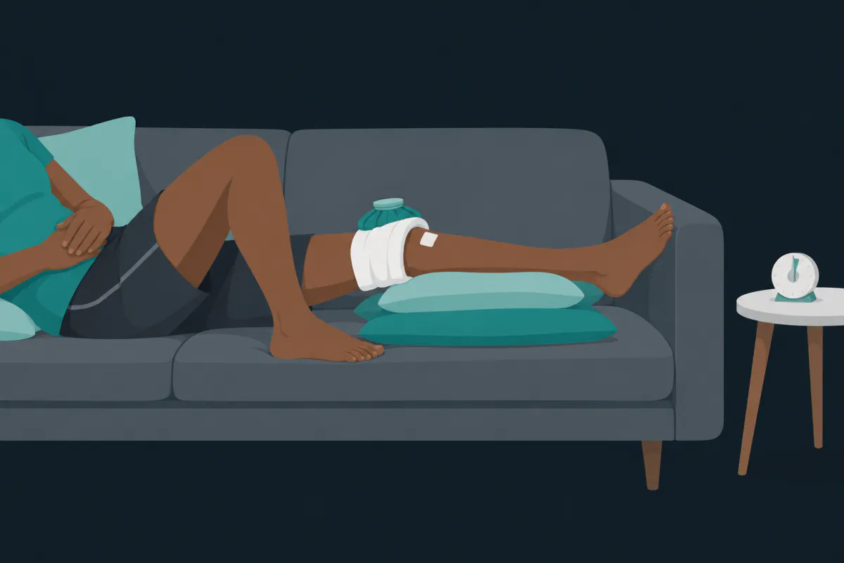 A person resting with a towel-wrapped ice pack on the knee and a small kitchen timer on the table beside them.