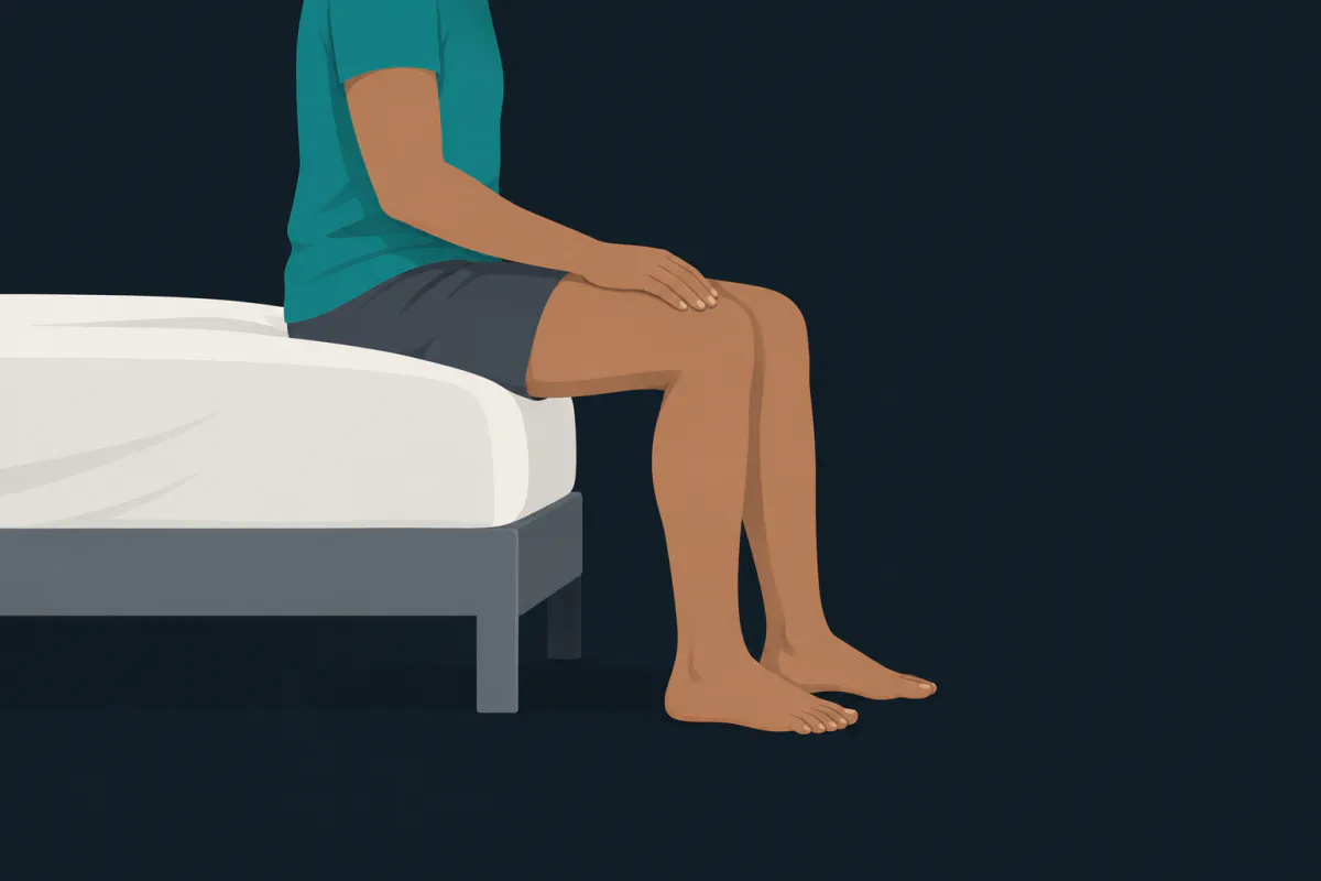 A person sitting on the edge of a bed with one flat hand resting on the front of the thigh above the knee.
