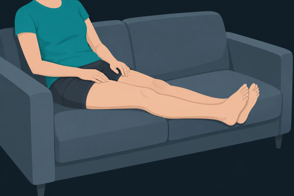 A person sitting back on a sofa with both legs stretched out straight side by side, hands resting on the thighs.