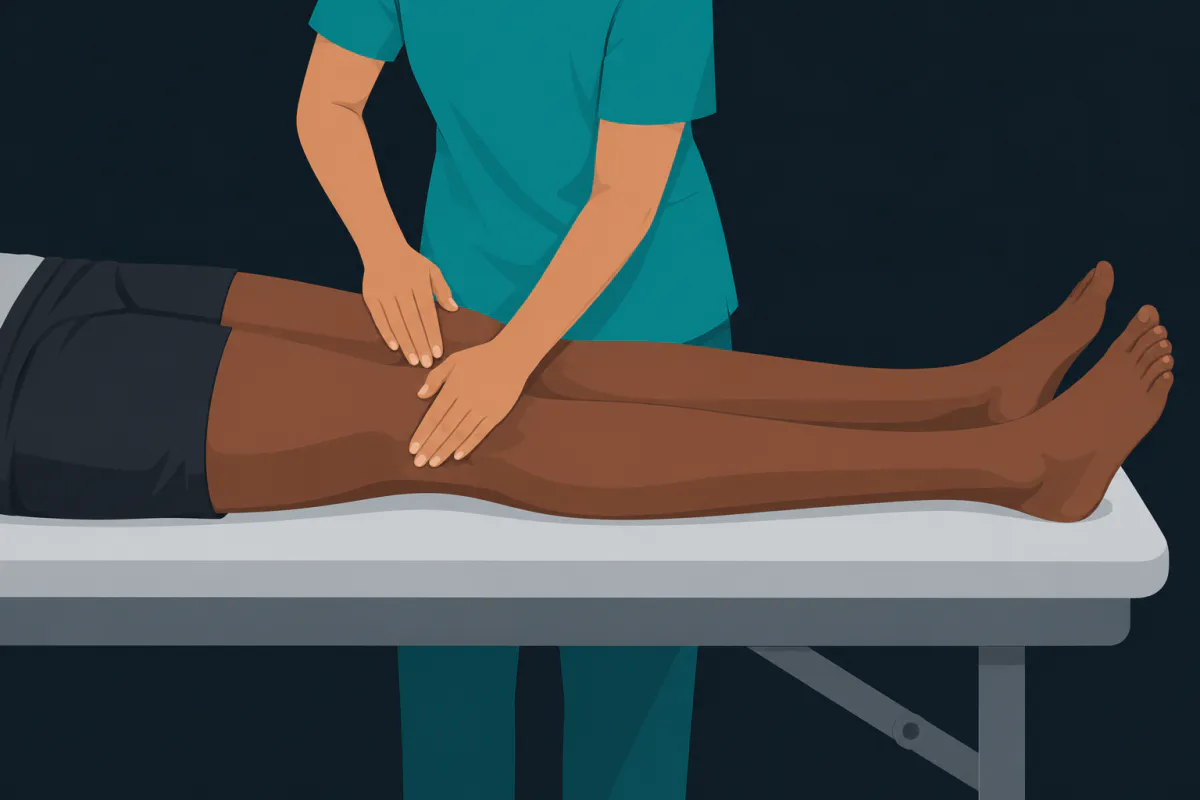 A clinician's two flat hands on a person's knee as they lie on a treatment plinth with both legs straight.