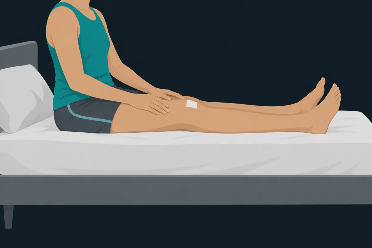 A person sitting on a bed with both legs straight, hands resting on the thigh of the operated leg.