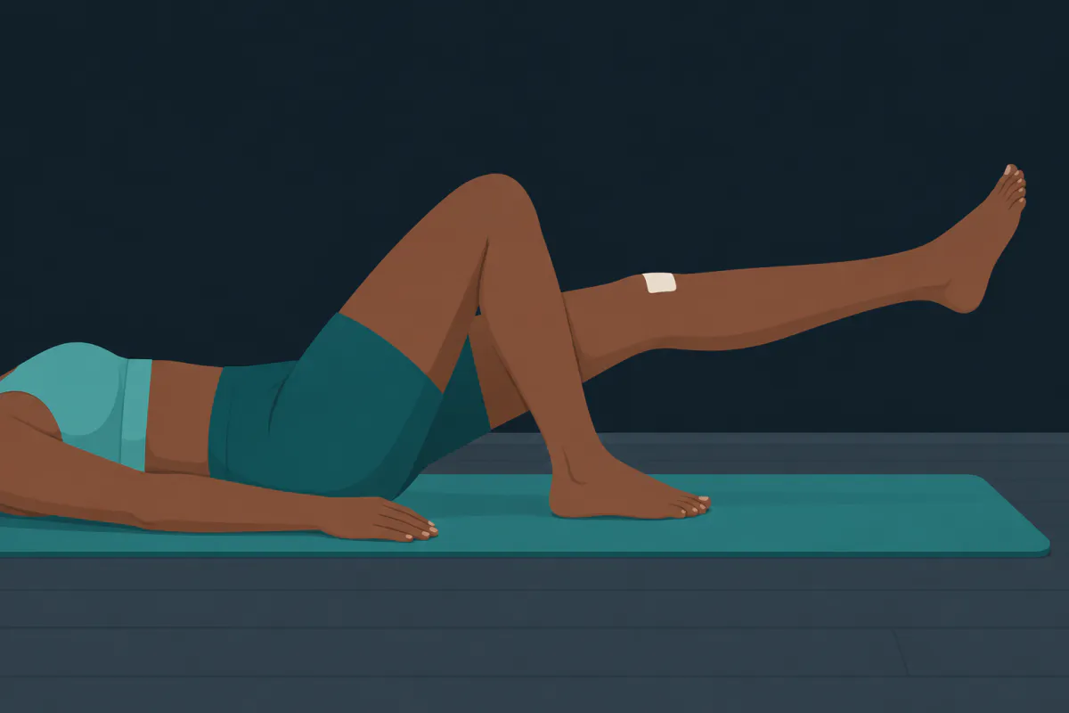A person lying on a mat lifting one perfectly straight leg a little off the floor, the other knee bent with the foot flat.