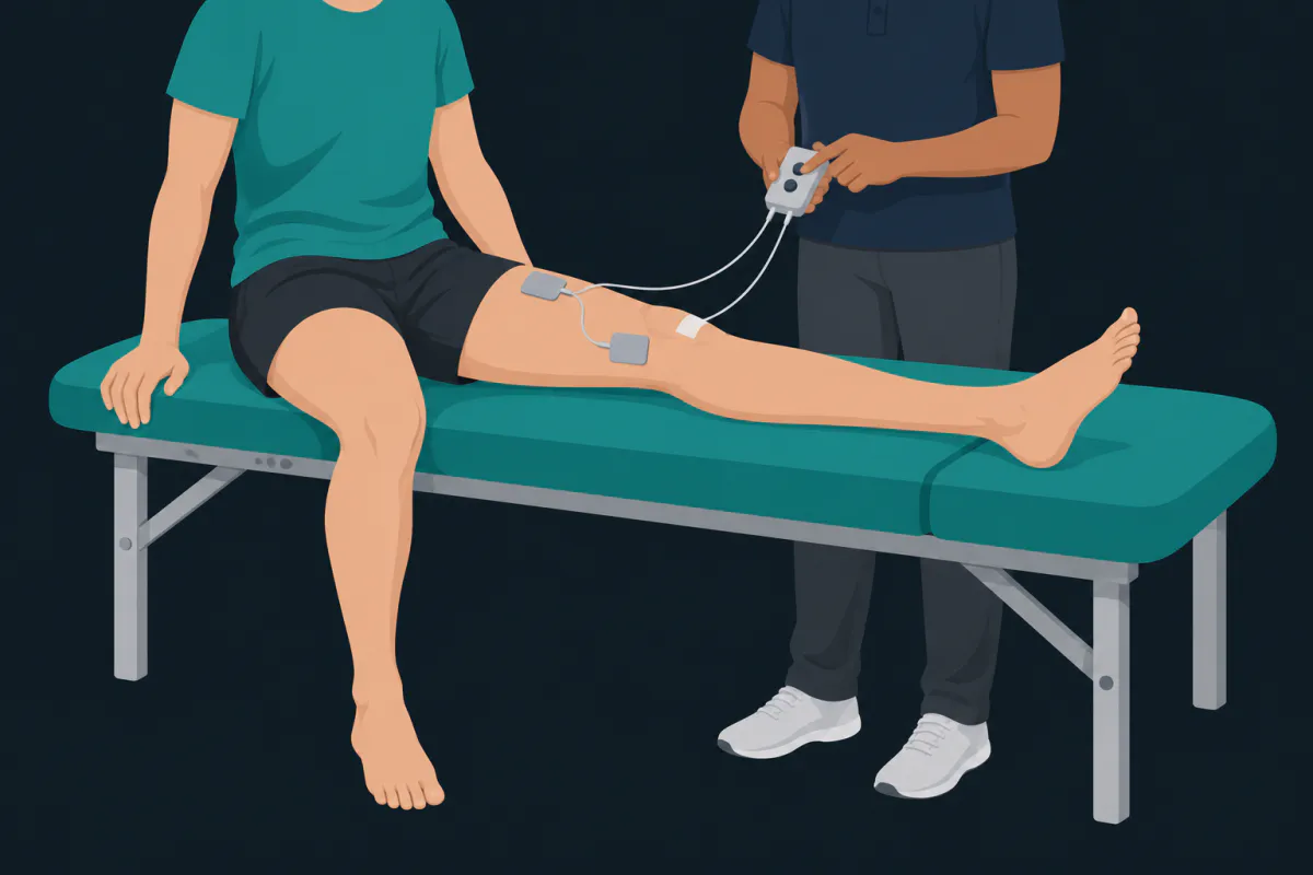 A patient on a treatment table with two electrode pads on the front of the thigh, wired to a small stimulator held by a physiotherapist.