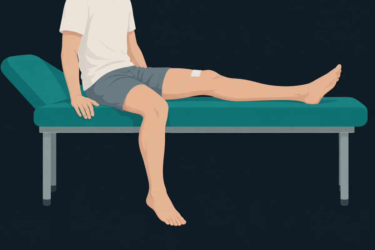 A person sitting on a clinic couch with one leg stretched out, carrying a small dressing on the thigh just above the kneecap.