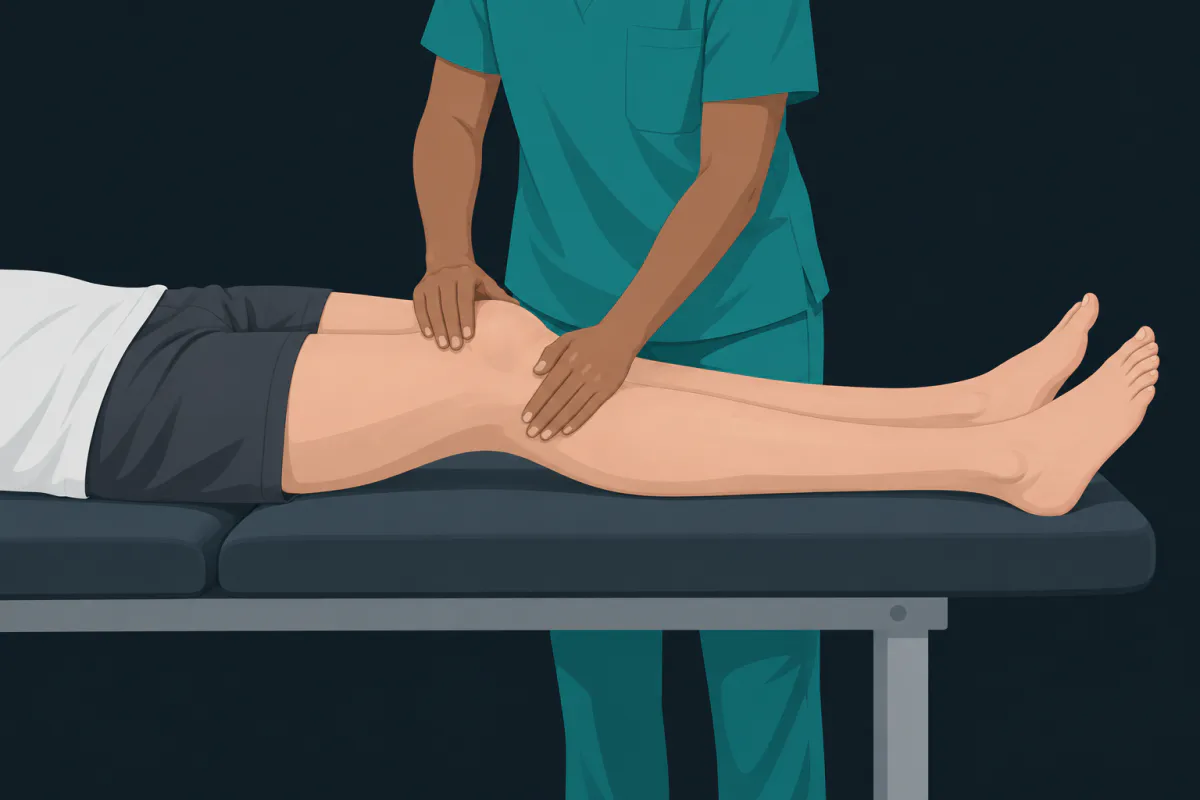 A clinician standing beside a treatment plinth with both hands on the knee of a person lying with their legs straight.