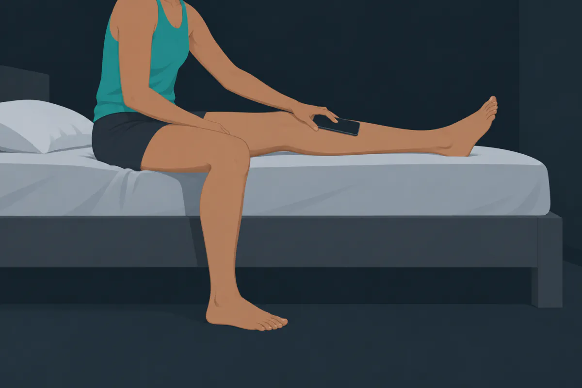 A person sitting on the edge of a bed with one leg stretched straight along the mattress and a phone lying flat along the shin.