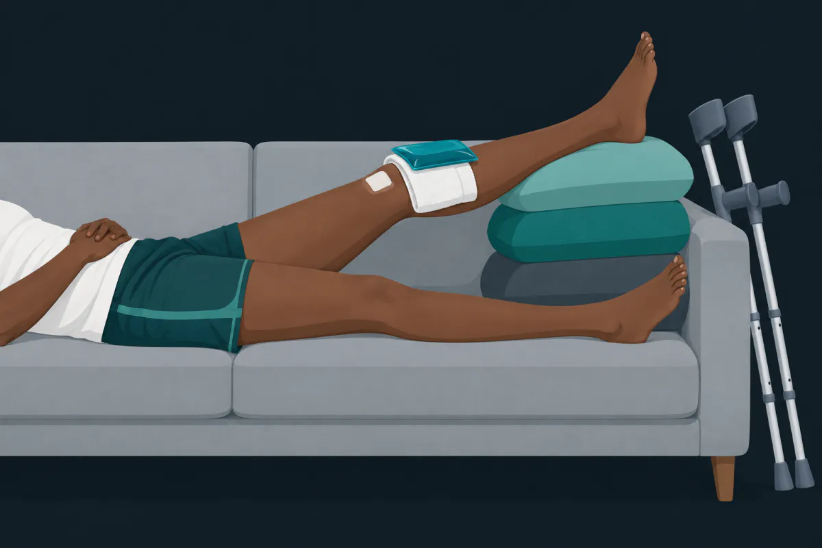 A person lying on a sofa with one leg raised on cushions above chest height and a towel-wrapped ice pack resting on the knee.