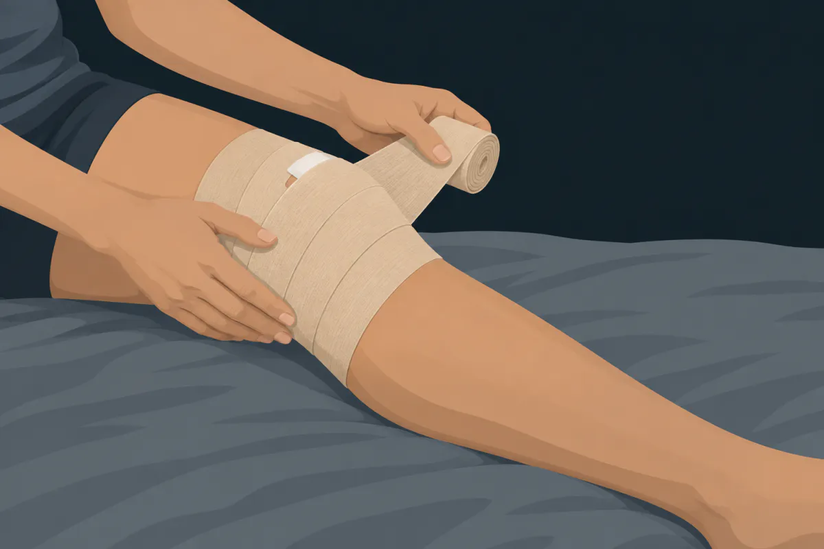 Close-up of two hands wrapping an elastic compression bandage in even turns around a knee.