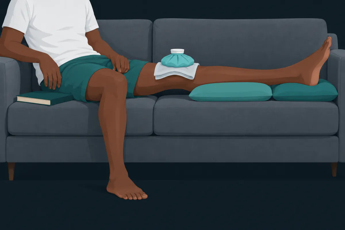 A person sitting on a sofa with one leg straight and raised on cushions under the calf and heel, an ice pack on a folded cloth over the knee.