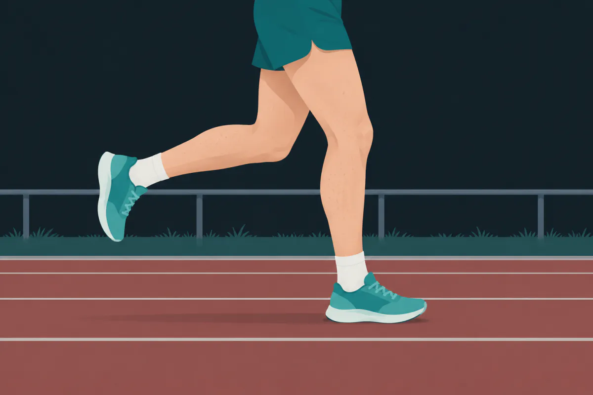 The legs of a person jogging easily along the inside lane of an empty outdoor running track on an overcast morning.