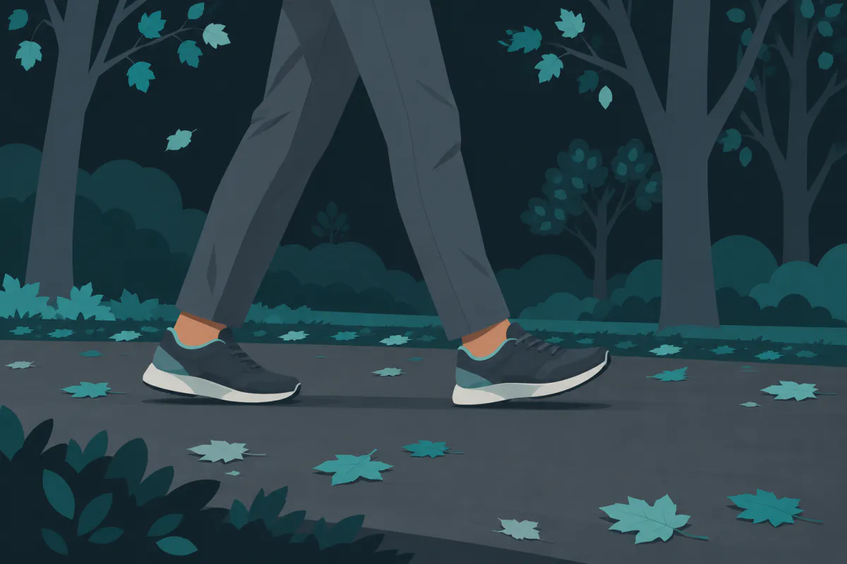 The legs of a person in long trousers and walking shoes walking at an easy pace along a paved park path with fallen leaves.