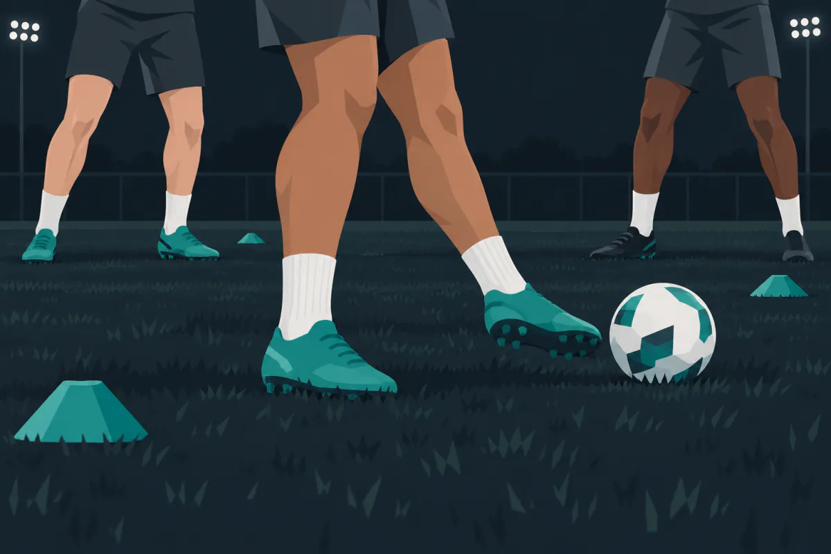 The legs of three players in training shorts on a floodlit grass pitch, the nearest one just after passing a ball with the inside of the foot.