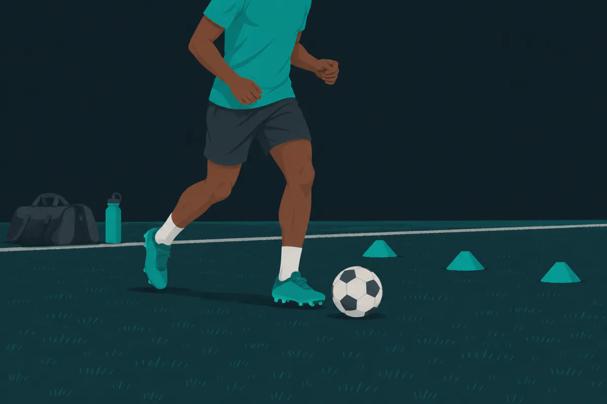 A person alone on an empty artificial pitch jogging past a row of plastic cones with a football at their feet, a kit bag by the touchline.