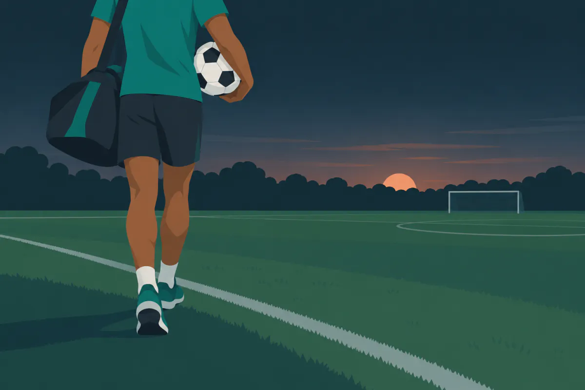 A young person in sportswear walking along the edge of an empty grass pitch at dusk, a kit bag on one shoulder and a football under the other arm.