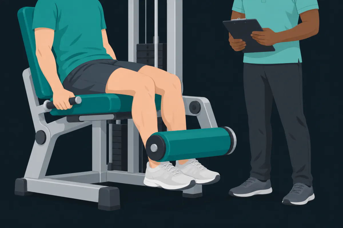 A person seated on a leg extension machine in a rehabilitation gym while a physiotherapist beside them holds a clipboard turned away from the viewer.