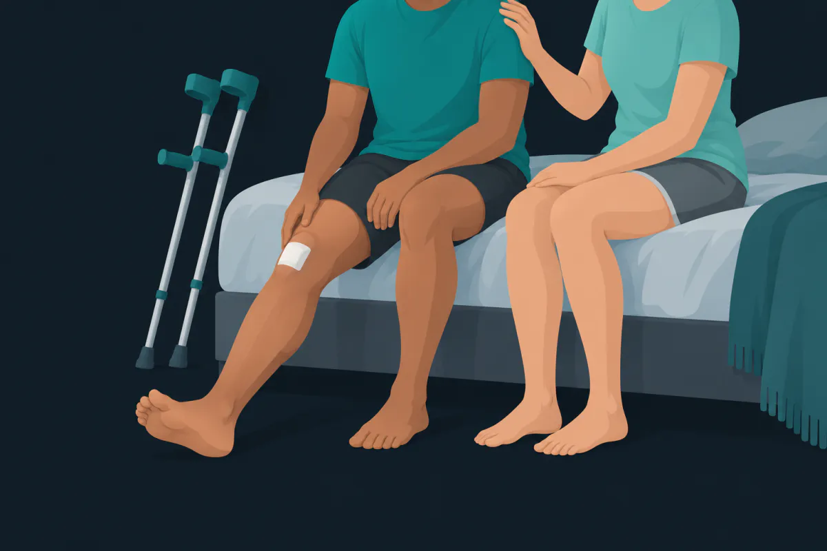 Two people sitting side by side on the edge of a bed, one with a dressing on the knee and that leg stretched out straight, crutches leaning on the wall.