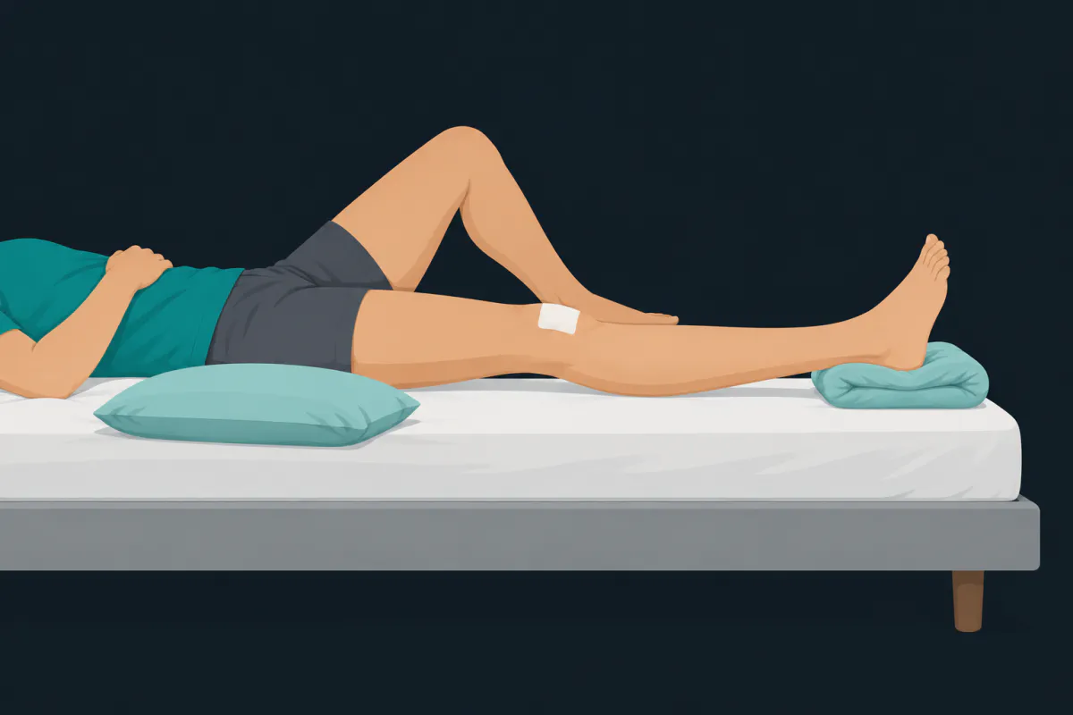 A person lying on their back on a bed with one leg straight, the heel propped on a folded pillow and a dressing on the knee, the other knee bent with the foot flat on the mattress.