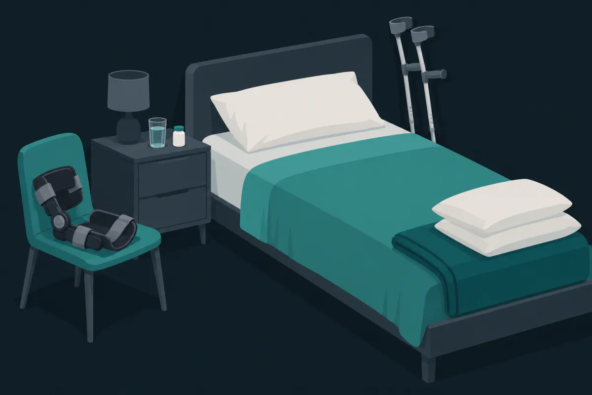 A bedside at night with a glass of water and tablets on the table, a knee brace open on a chair, crutches against the wall and pillows stacked at the foot of the empty bed.