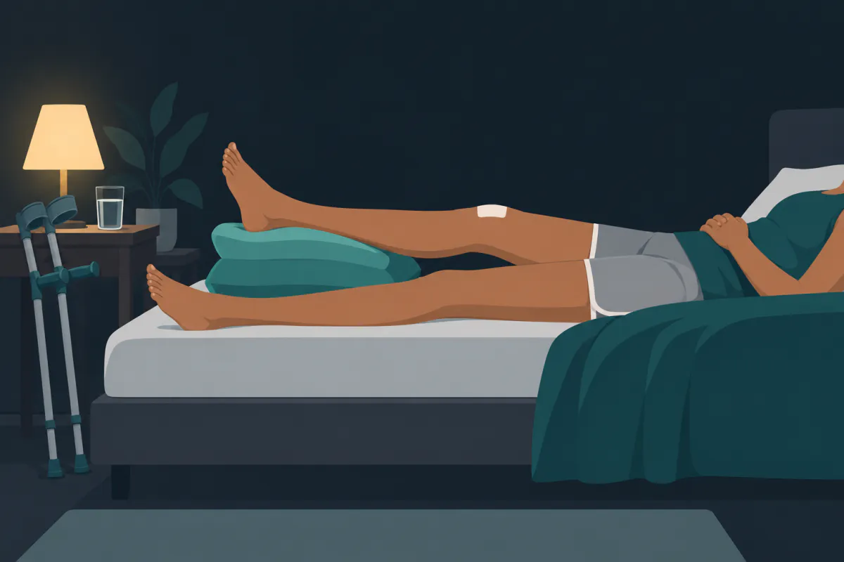 A person lying on their back in bed with one leg straight and raised on pillows placed under the calf and heel, crutches leaning against the bedside table.