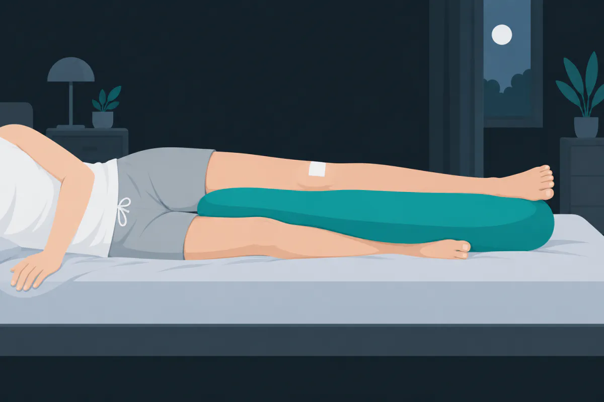A person lying on their side with a long pillow between the legs from knee to ankle, the upper leg resting nearly straight on the pillow.
