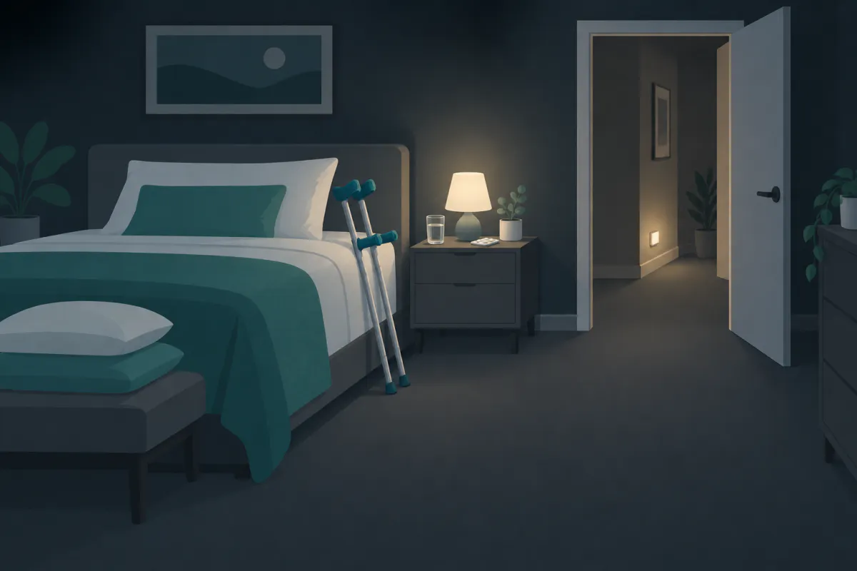 A bedroom set up for the night: crutches within reach of the bed, water and a lamp on the bedside table, a clear floor to the door.