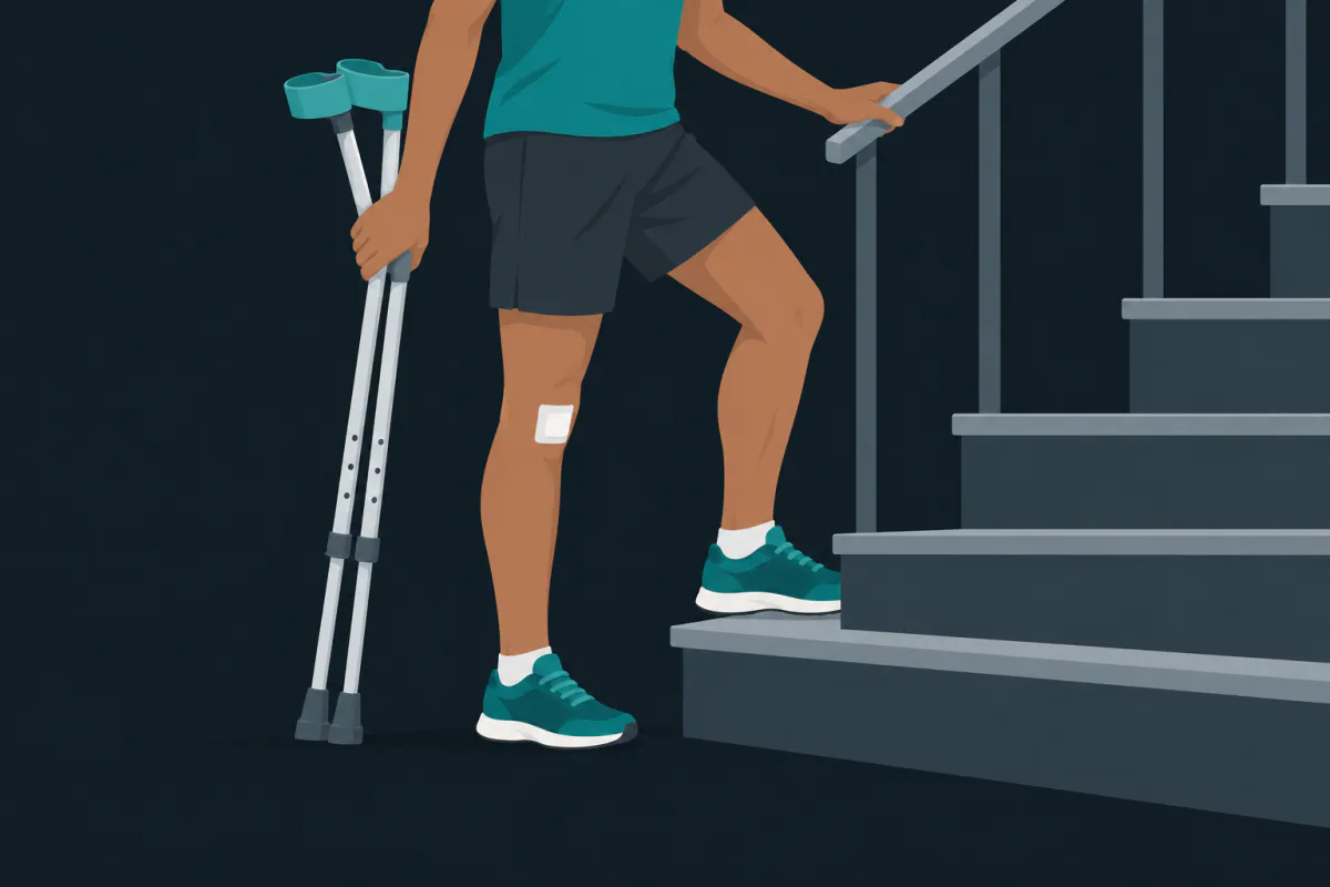 A person at the foot of a staircase holding the rail, the un-operated leg placed on the first step while the operated leg is still on the floor.