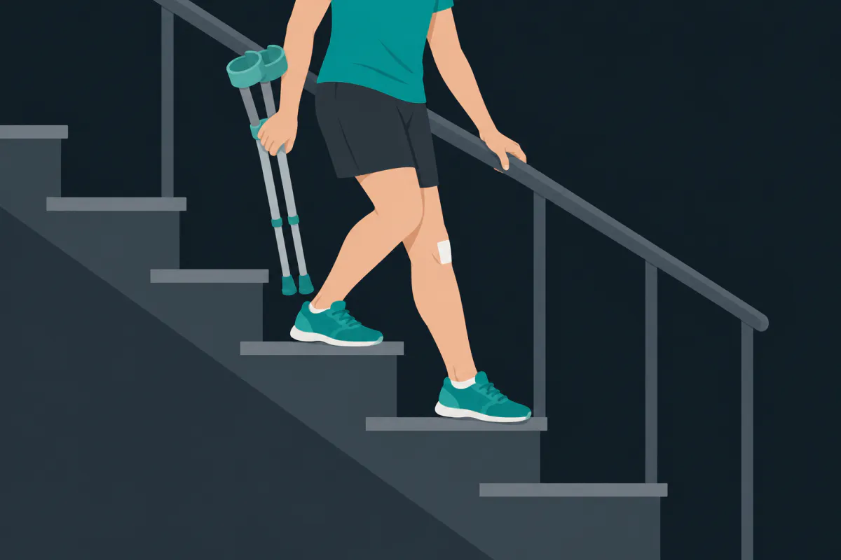 A person coming down a staircase holding the rail, the operated leg lowered to the step below while the other leg bends on the step above.