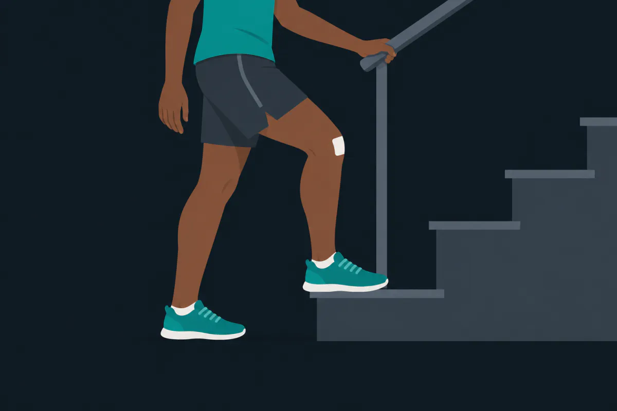 A person holding a stair rail with the operated leg's foot on the bottom step, about to step up, the other foot on the floor.