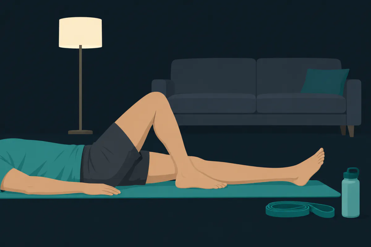 A person lying on an exercise mat in a living room in the evening, one knee bent with the foot flat, a resistance band and a water bottle beside the mat.