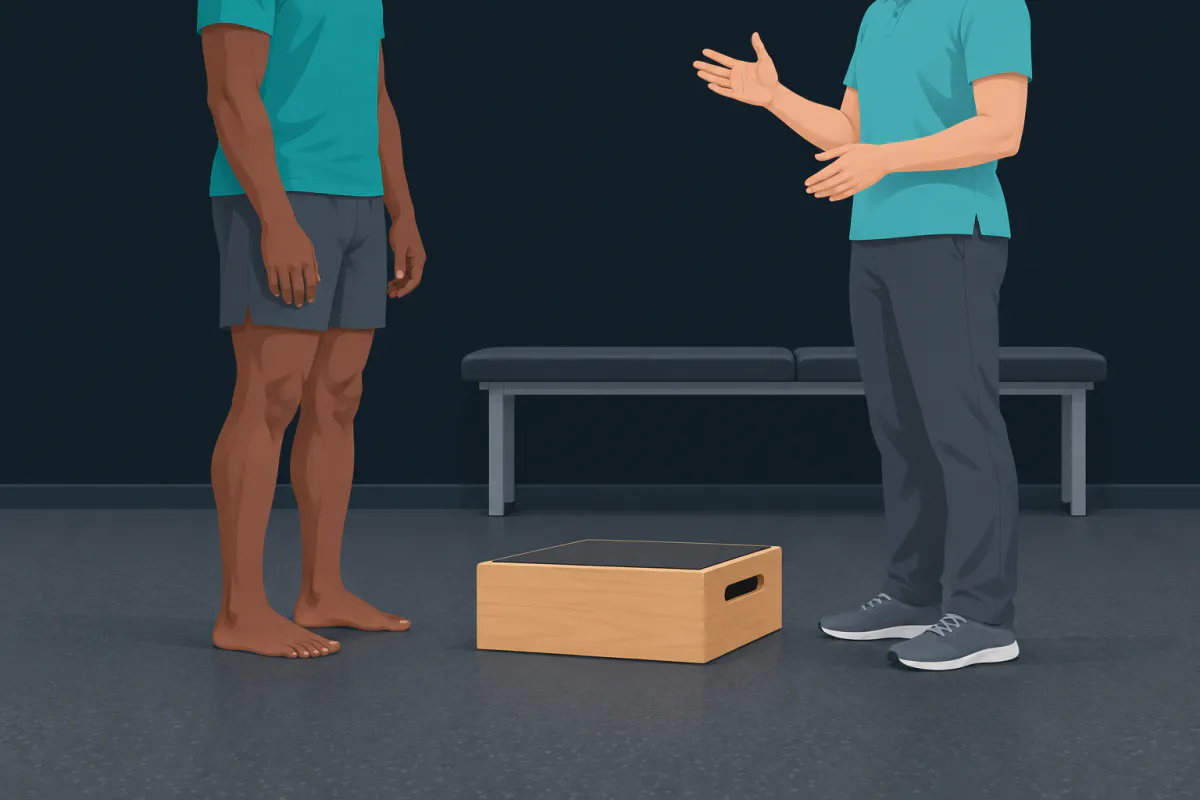 A patient in shorts and a physiotherapist in a polo shirt standing face to face beside a low step box in a clinic gym, the physiotherapist gesturing.
