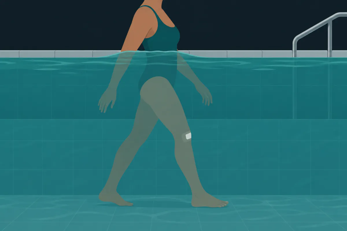 A person walking through chest-deep water in an indoor pool, seen from the side at water level.