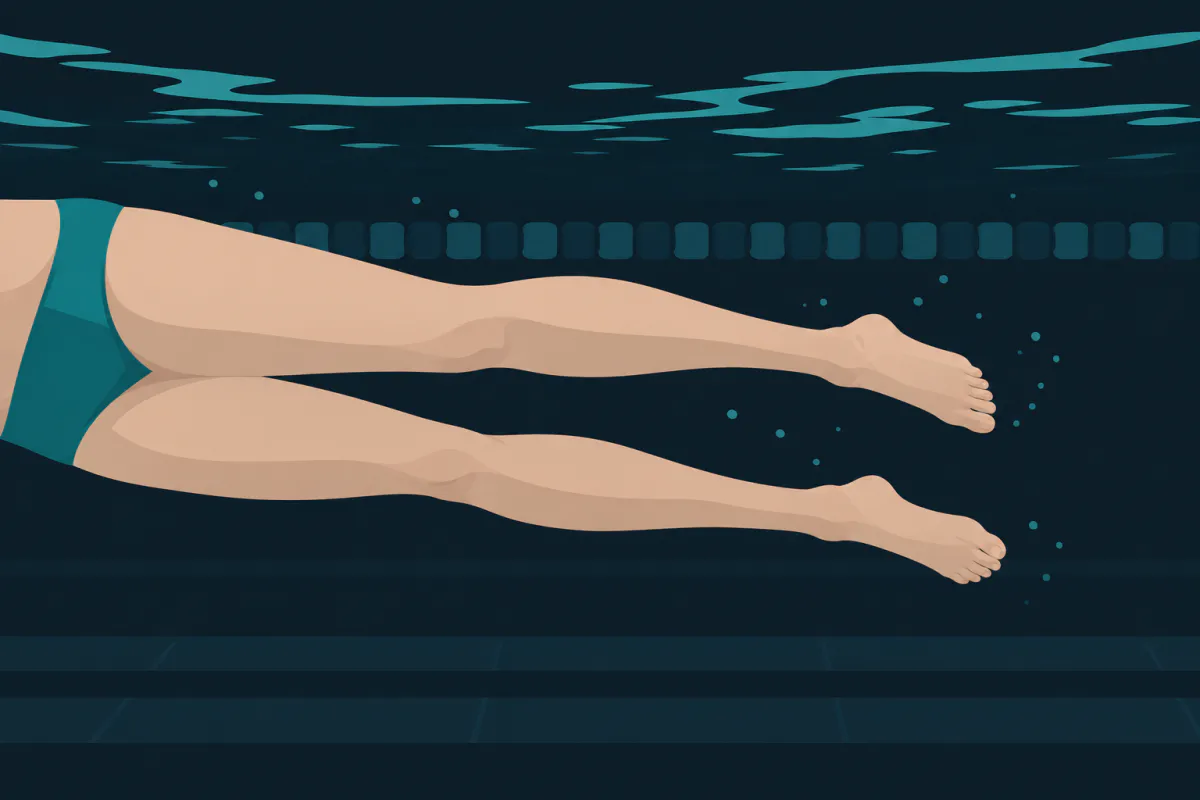 Underwater side view of a swimmer's legs doing a front-crawl flutter kick, both legs nearly straight.