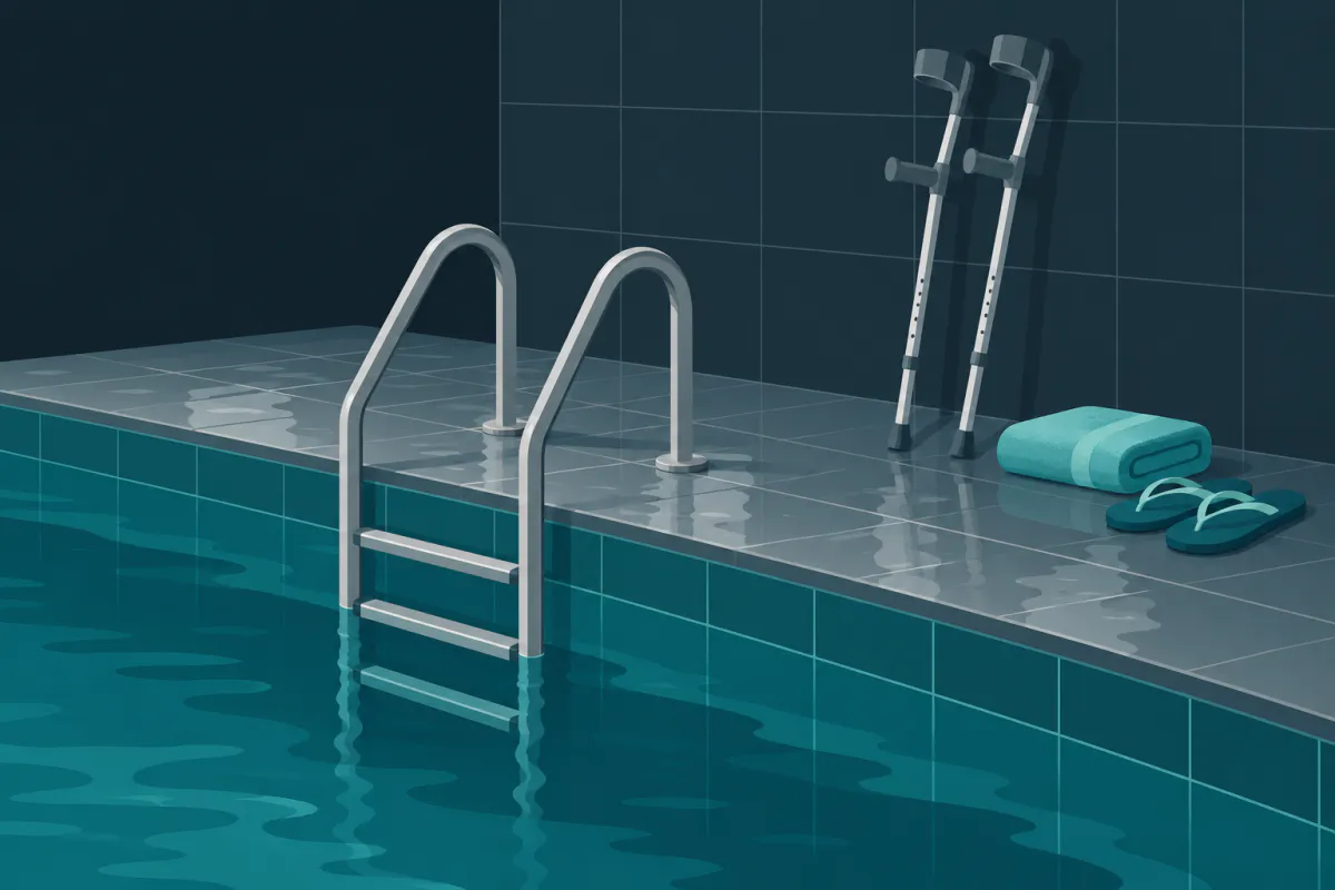 A metal ladder into a still indoor pool, with a pair of forearm crutches, a towel and flip-flops beside it on the wet tiles.