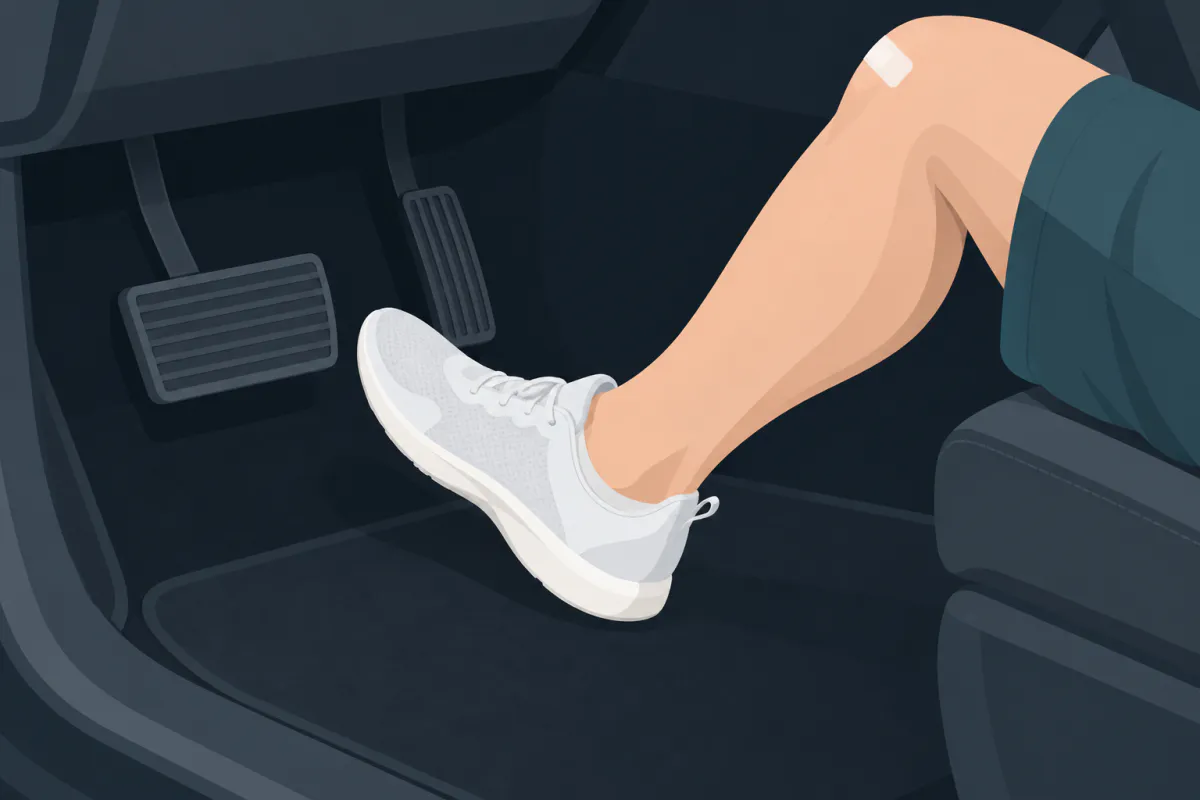 Close-up of a car footwell with a foot in a trainer moving from the accelerator pedal across to the brake pedal.